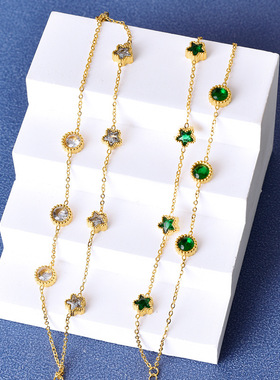 文艺小清新双层五角星手环绿色白色钻女生不掉色饰品钛钢手链新款