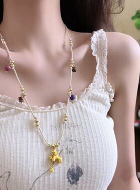 美拉德复古不规则麻花绳编石头串珠小马吊坠项链女民族小众毛衣链