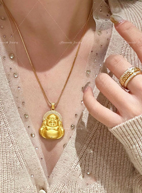 轻奢新中式复古大肚弥勒佛吊坠古法点钻感精工质感国风锁骨链
