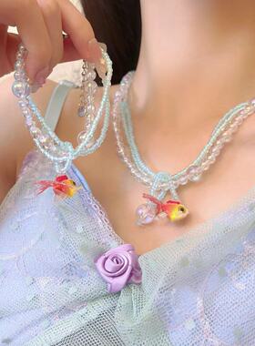 小小金鱼蓝色气泡串珠金鱼项链女小众设计叠戴颈链choker锁骨链潮