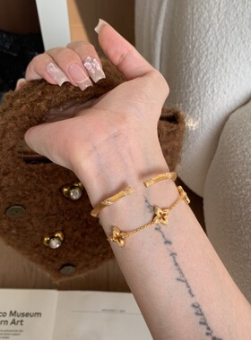 Vintage中古拉丝工艺镶钻竹子手环新中式复古时尚百搭设计感手饰