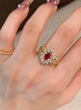 法式复古宫廷风满钻红宝马眼戒指小众轻奢气质奢华气质百搭食指戒