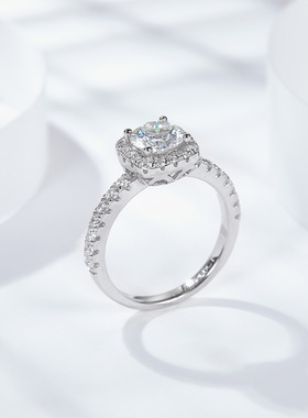 云同珠宝 莫桑石女戒纯银3克拉D色婚戒方包豪镶求婚结婚戒指叠戴