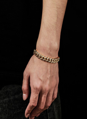 跨境欧美嘻哈潮流时尚古巴镶钻手链百搭个性男士项链饰品金澳