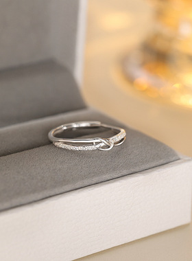 s999纯银满天星戒指女小众设计感轻奢食指戒素圈打结磨砂足银