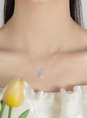 S999纯银小清新森系蓝色花朵项链女轻奢高级感锁骨链送闺蜜礼物