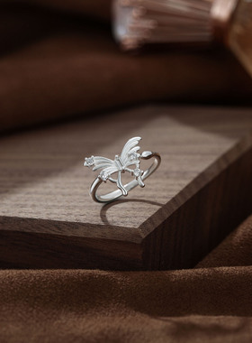 s999纯银足银镶锆石蝴蝶戒指轻奢感开口戒女小众设计食指戒子