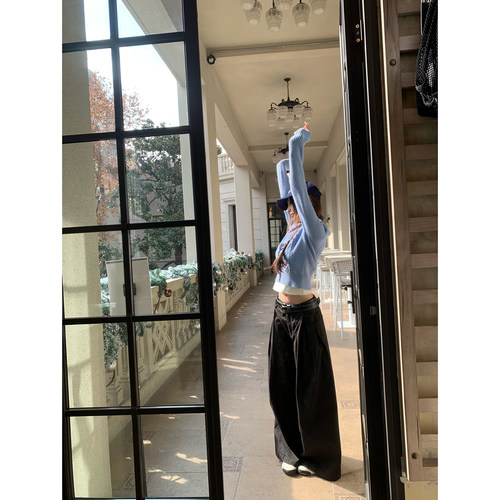 Thas9i九亿 设计感打褶挺括宽松直筒工装裤女休闲阔腿黑色伞兵裤 - 图2