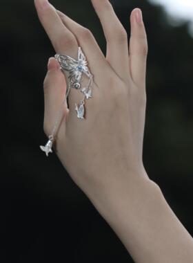 東黑三白/ 天光照蝶 s930纯银原创设计中式步摇小众开口戒指礼物