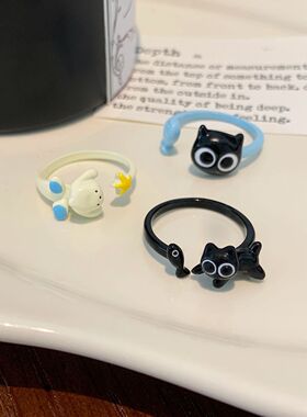 卡通滴油可爱黑色猫咪小鱼开口戒指女设计感个性可调节学生手饰