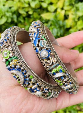 老银珐琅彩手镯 寿纹 手镯一对 品相如图 饰品  掐丝珐琅彩