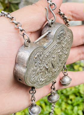 民族手工富贵长命保平安老银锁 老银项链  人物平安锁  长命锁