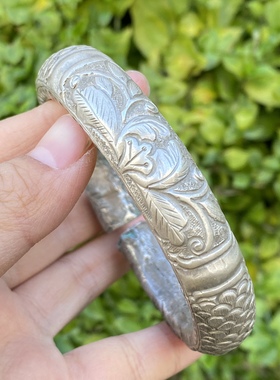 〓老工艺〓纯手工打造老银手镯 少数民族老手工银饰 印花老银手镯