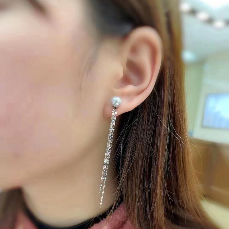 DIY珍珠耳钉配件 S925纯银饰品 新潮流苏耳环女空托 配6-10mm圆珠