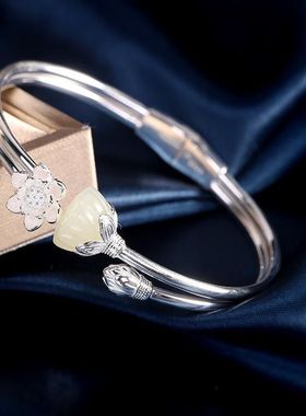 沉香如屑菡萏手镯步离镯纯银古风