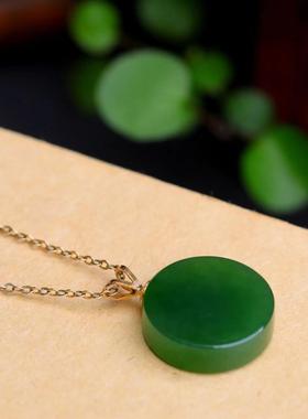 天然和田碧玉圆牌吊坠女古风项链