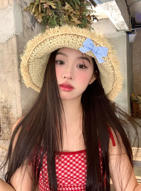 夏季海边度假风蓝色蝴蝶结毛边草帽女出游大帽檐防晒遮阳帽沙滩帽