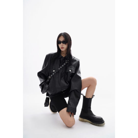 质感短款垫肩小皮衣女2025年秋季新款宽松高街皮夹克外套潮