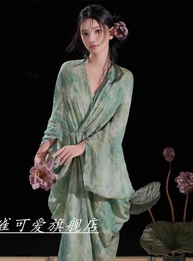 影楼新款新中式连衣裙国风禅意女装V领绿色印花古风改良汉服裙子
