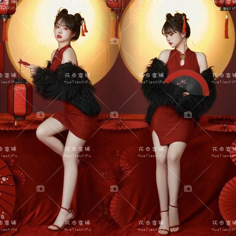 圣诞节服装女元旦新款红色旗袍影楼主题新年拍照服饰艺术照摄影服,淘宝优惠券,粉丝福利购,淘宝优惠卷