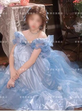 蓝色轻婚纱礼服女2025新款港式复古风在逃公主裙影楼主题旅拍摄影