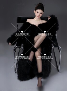 影楼个人形象情绪拍照主题纯欲高级感少女黑色皮草艺术照写真服装