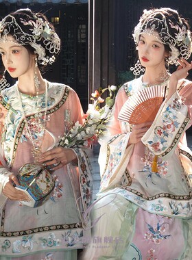 格格服装冬季原创汉服清代印花古装加厚马甲公主格格清朝旗装旅拍
