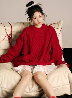 影楼新款主题氛围红色室内新年肖像毛衣圣诞节写真艺术照摄影服装