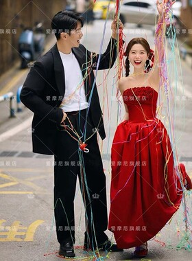 红色抹胸礼服新娘晨袍订婚敬酒服领证结婚照街拍喜嫁影楼主题服装