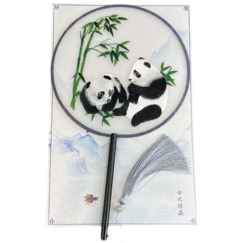 熊猫刺绣长柄团扇古风汉服半透舞蹈旗袍中国风古典扇子成都纪念品 - 图3
