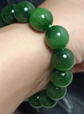 推荐高端和田碧玉俄料阳绿手串颗颗猫眼效应强圆润饱满13mm大尺寸