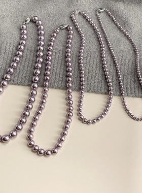 显肤白秋冬毛衣项链玻璃珍珠紫色