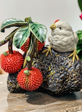乐在其中石湾公仔陶瓷荔枝鸡纯手工高档精品摆件开业婚嫁乔迁送礼