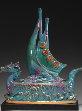 国潮钧瓷一帆风顺龙舟旺宅招财乔迁新居开业礼品中式家居装饰摆设