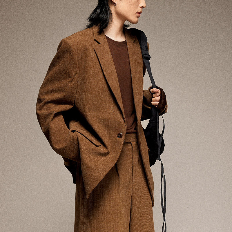 三木公白 复古做旧西装男高级感宽松潮流 休闲斜纹痞帅外套小众,淘宝优惠券,粉丝福利购,淘宝优惠卷