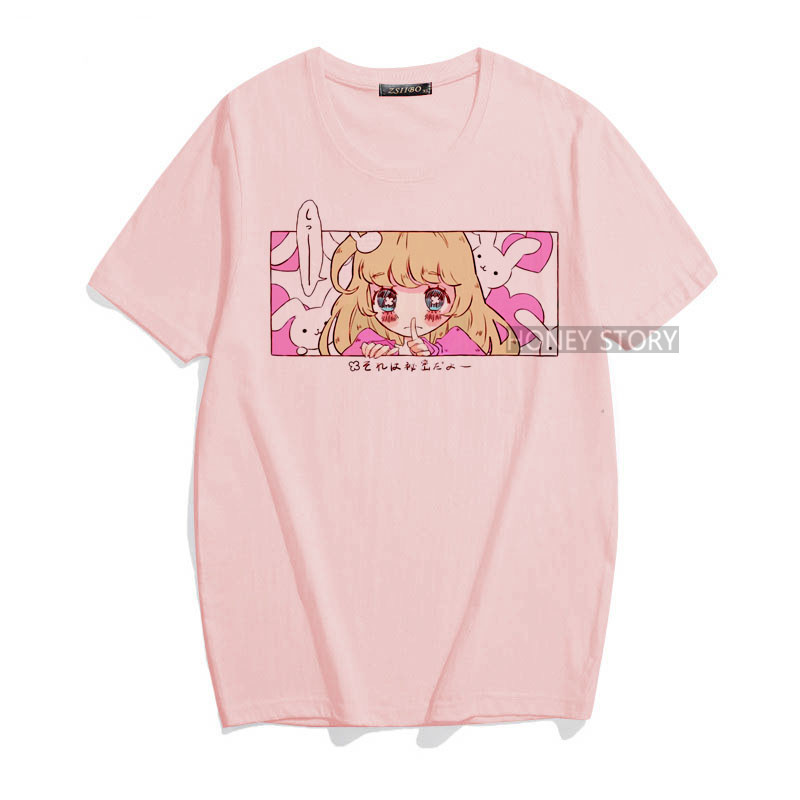 Cartoon Sweet Girls T shirt日本卡通甜美女孩街头印花粉色T恤衫 - 图1