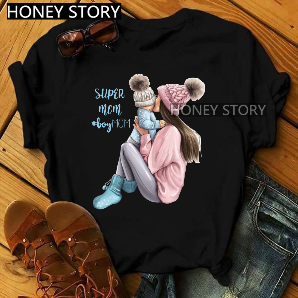 Super mama Family matching T shirt 超级妈妈短袖黑色T恤打底衫 - 图0