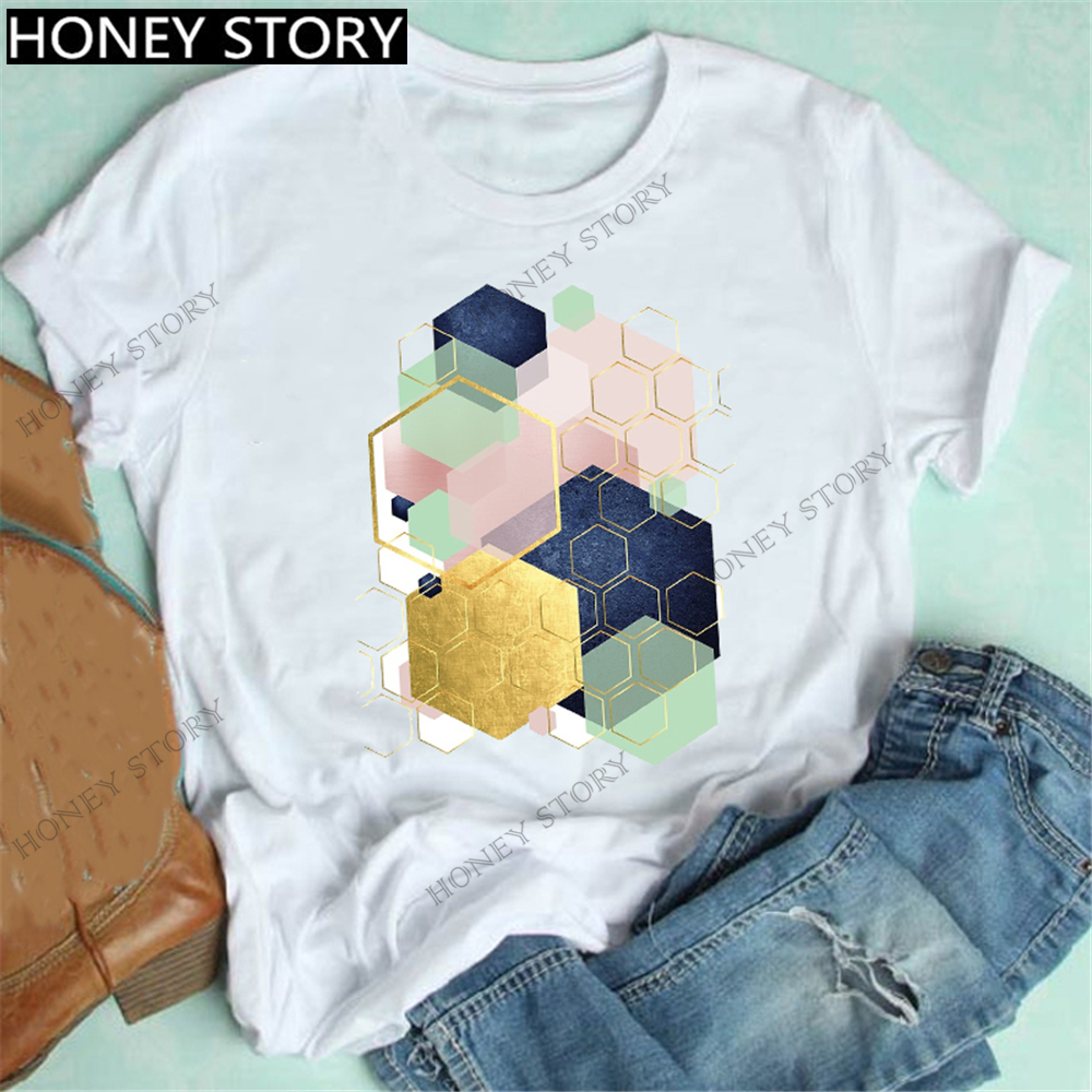 Geometry t shirt women 欧美个性几何图型印花短袖圆领男女T恤 - 图1