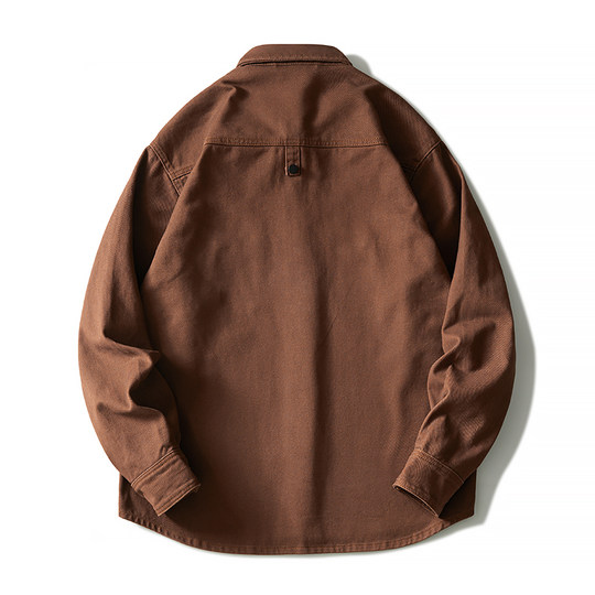 纯棉大码棕色复古美式重磅牛仔衬衣外套男士工装夹克宽松胖子衬衫
