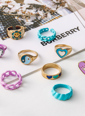Personalized Colorful Simple Ring 八卦欧美彩色滴油戒指指环女