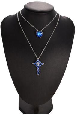 Lovely 2 Layers Crossed Blue Rhinestone Necklace Multilayer