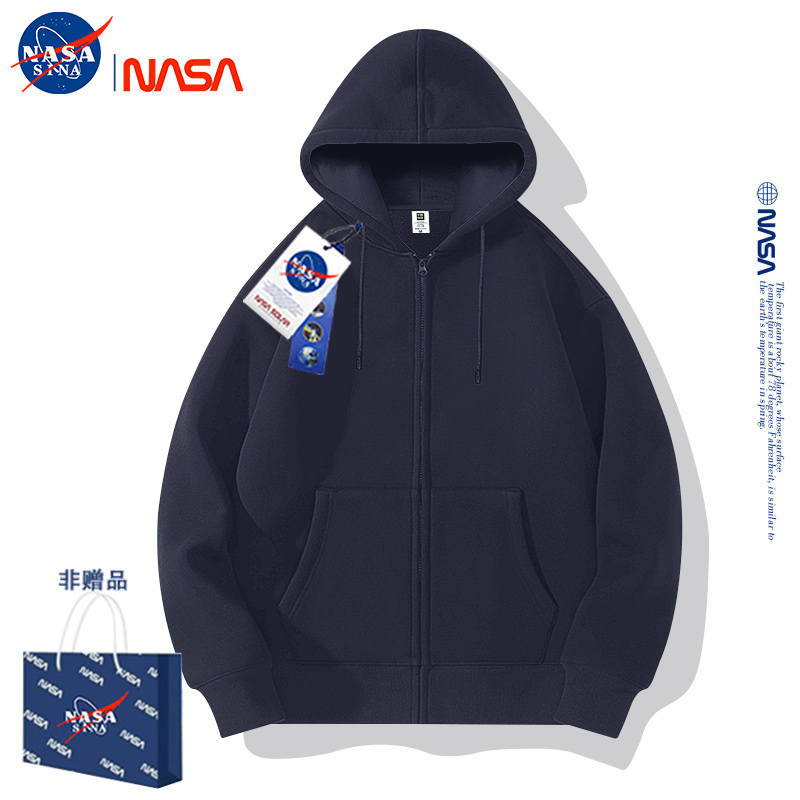 NASA联名美式开衫卫衣男女同款夹克连帽宽松情侣装秋加绒加厚外套 - 图1