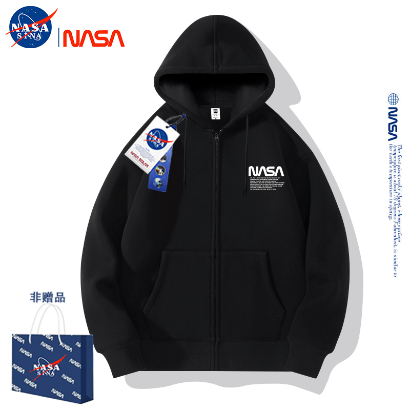 NASA联名美式开衫卫衣男女同款夹克连帽宽松情侣装秋加绒加厚外套 - 图3