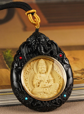 紫檀镶嵌黄杨木本命佛吊坠