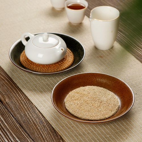 复古粗陶藤编壶垫陶瓷壶承干泡台茶盘日式紫砂壶底座壶托茶具大号 - 图0