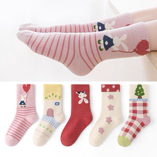 Little Rabbit Flower Tea Six-fingered Rat Autumn and Winter Extended Tube-in-Tube Children's Socks Cartoon Cotton Socks Boneless Seam Head Class A Cotton Socks