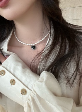 复古天然巴洛克珍珠黑色桃心项链