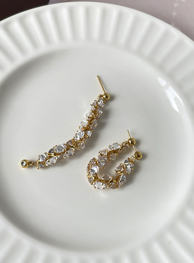LJW 绝美超爆闪钻锆石复古blingbling水钻链条耳钉前后佩戴耳环女