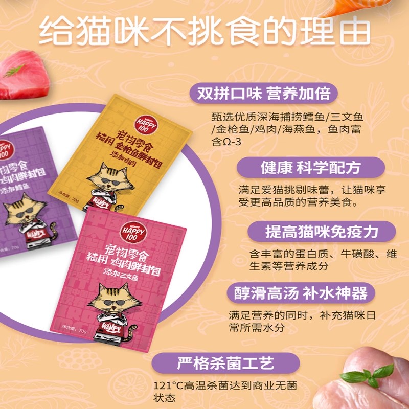 wanpy顽皮HAPPY100猫用鲜封包猫咪鲜肉羹妙鲜成猫零食湿粮包猫条 - 图2