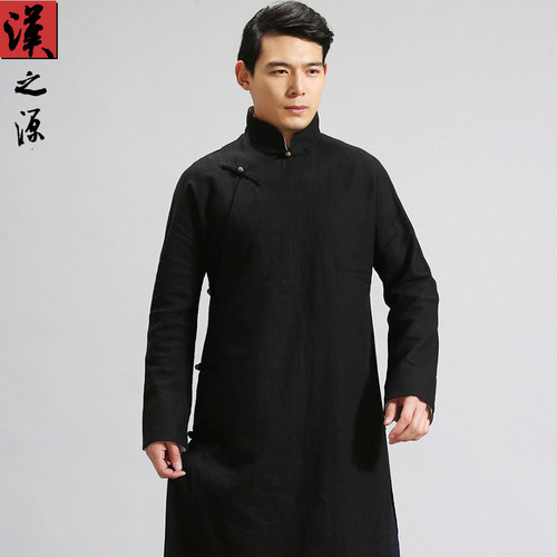 中国风民国长衫男士汉服棉麻唐装外套中式立领大襟男装禅修居士服 - 图2